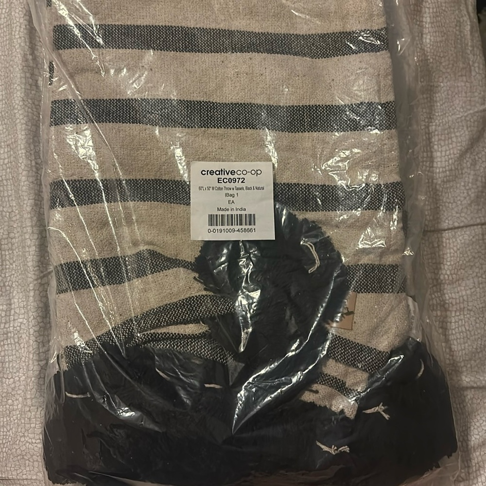 Creative Co-Op black and natural throw with black tassels